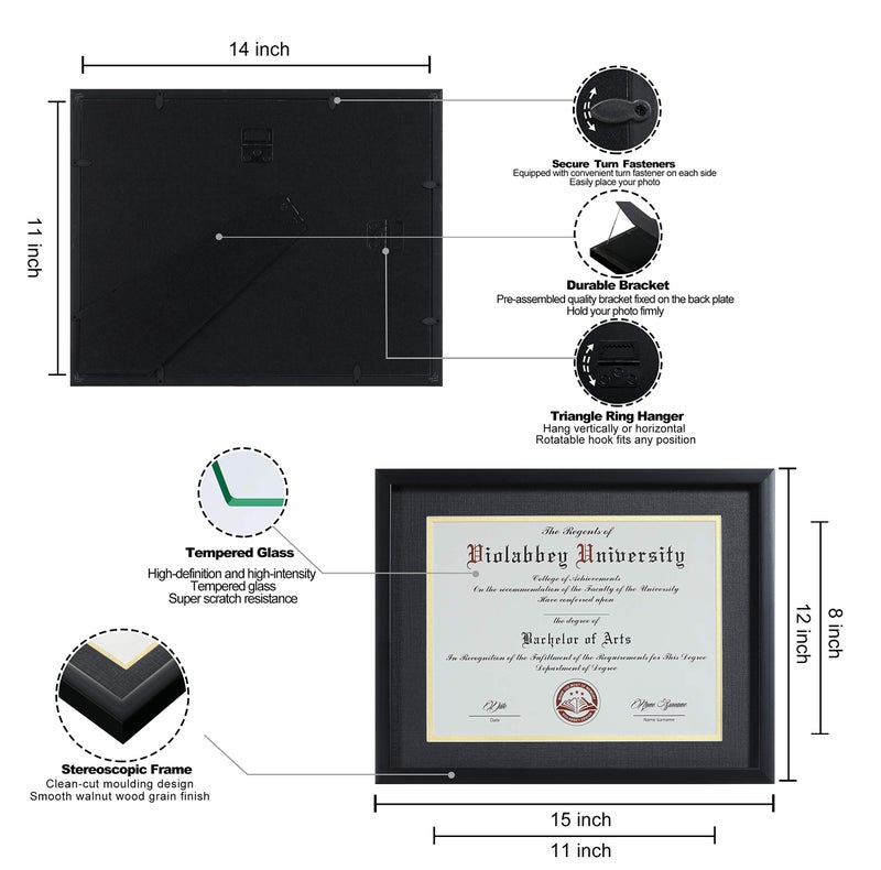 VIOLABBEY 8.5 x 11 Diploma Frame Black with HD Real Glass |Fits 8.5x11 Inch Degree &Document with Black Gold Double Mat or 11x14 without Mat, Certificate Frame for Wall or Tabletop Display - Image 2